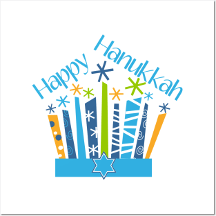Happy Hanukkah Candles in Blue and Gold Posters and Art
